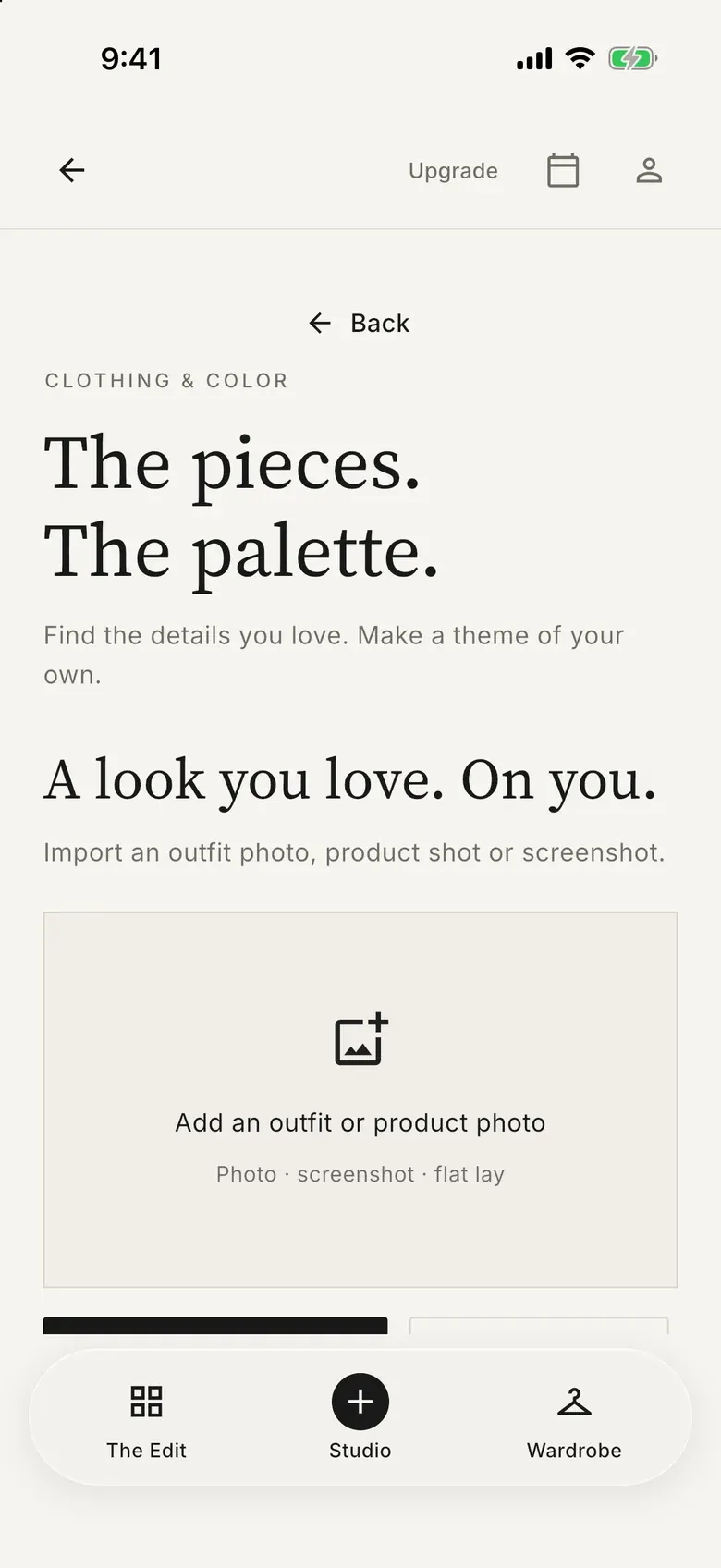 Outfitual clothing and color screen titled “The pieces. The palette.” with an outfit photo upload area