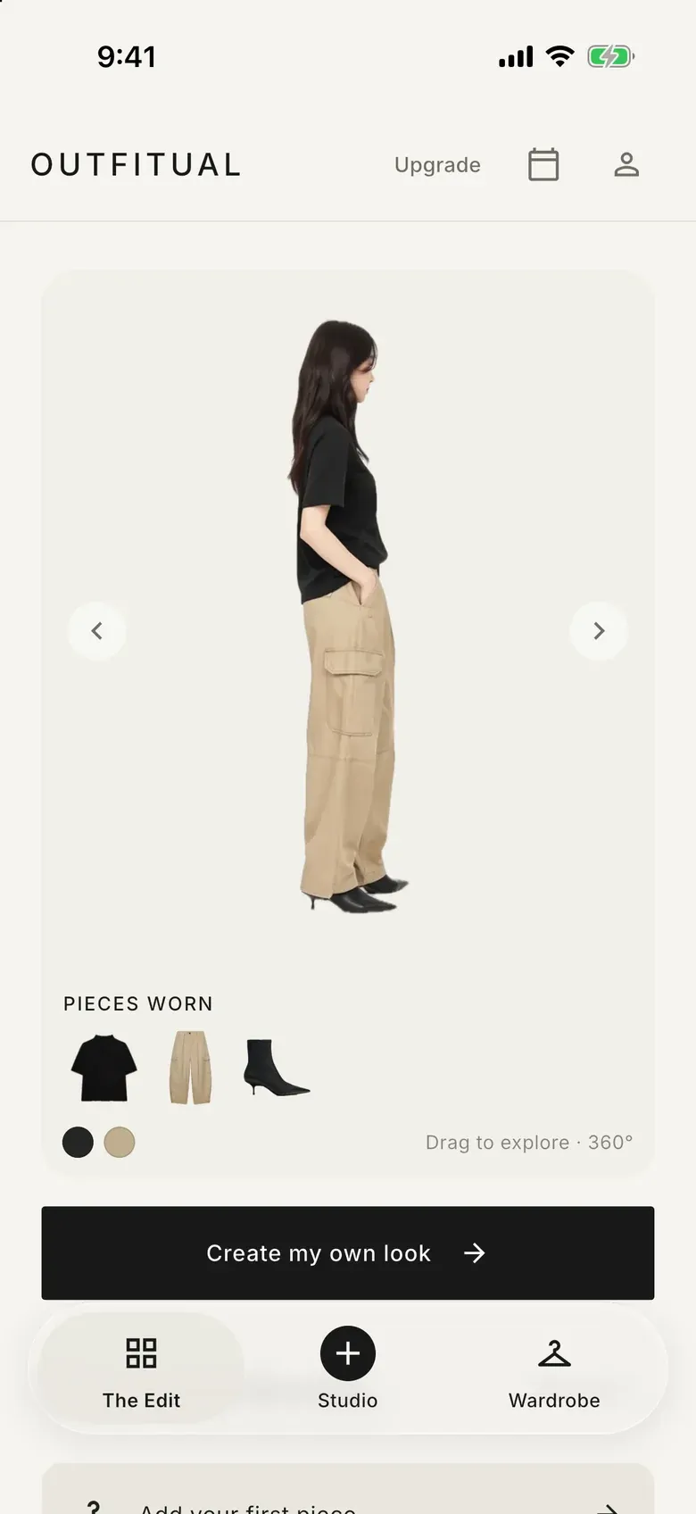 Outfitual home screen with a 360° featured look of a black top and cargo trousers, the pieces worn and color swatches