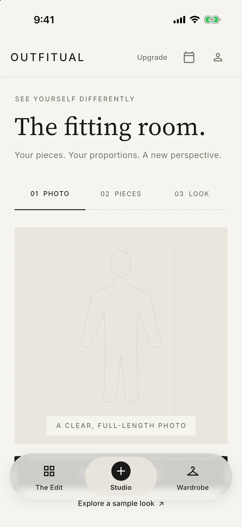 Outfitual Studio screen titled “The fitting room” with photo, pieces and look steps