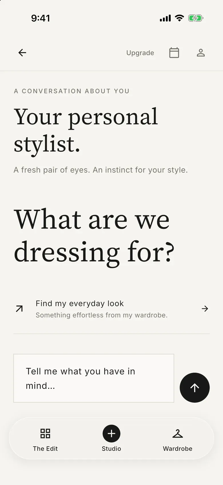 Outfitual app screen of the AI stylist asking “What are we dressing for?” with a message field