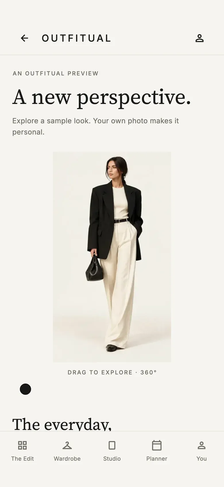 Outfitual app screen showing an AI try-on preview of a black blazer with cream trousers and a 360° view option