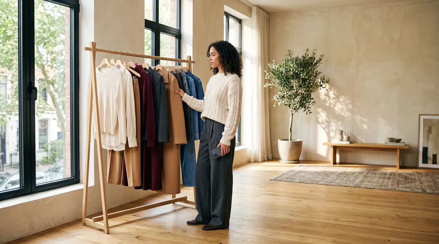 Woman holding a smartphone while choosing clothes from a rail of cream, camel, burgundy and denim pieces in a sunlit apartment
