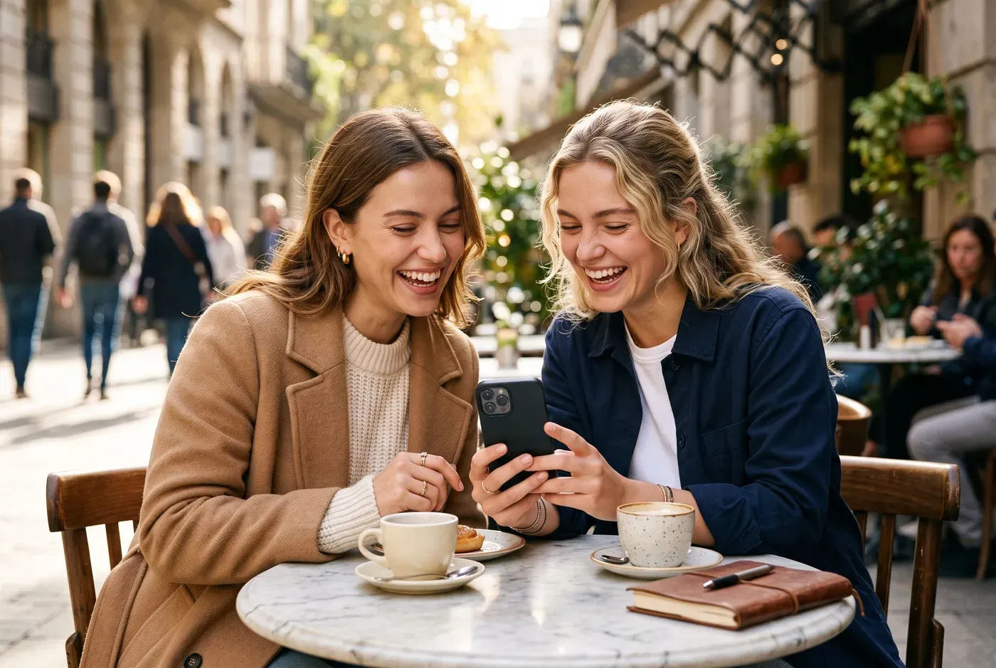 Two friends laughing at a café table while looking at outfit ideas on a phone