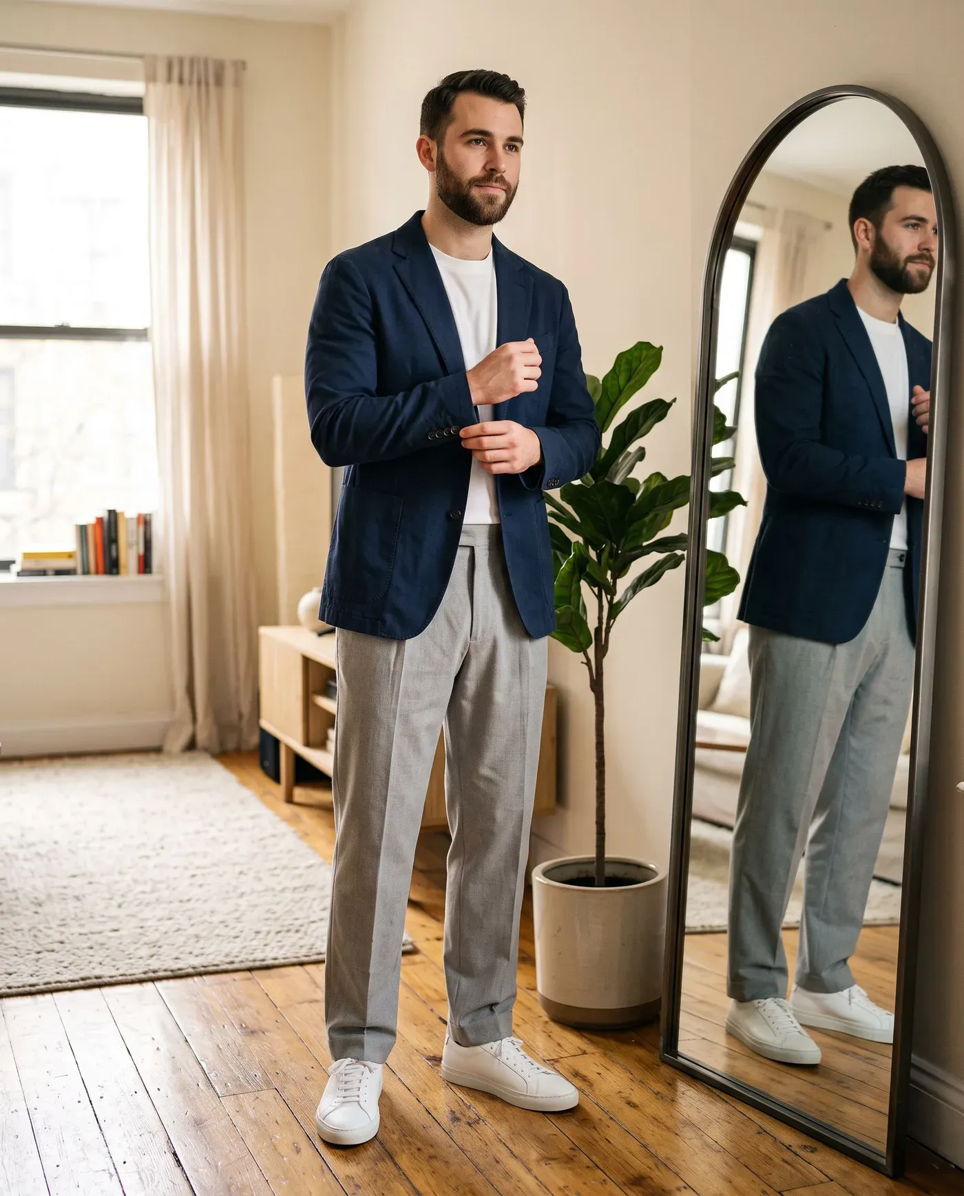 Man in a navy blazer, white T-shirt and grey trousers checking his outfit in a tall arched mirror