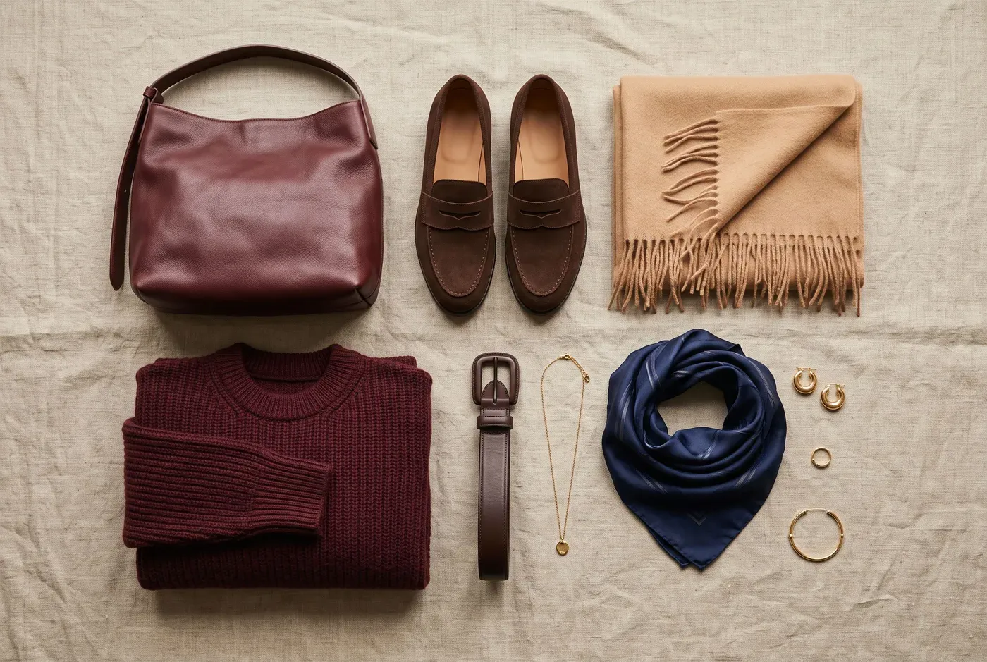 Flat lay com bolsa de ombro de couro vinho, mocassins de camurça marrom, cachecol caramelo, tricô vinho, cinto marrom e lenço de seda azul-marinho