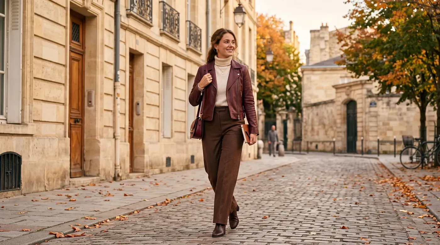 Woman in a burgundy leather jacket, cream turtleneck and chocolate brown trousers walking down an autumn street