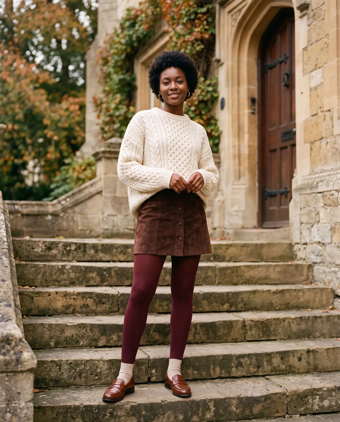Jovem de meia-calça vinho, minissaia de camurça marrom chocolate, suéter de tricô de tranças creme e mocassins marrons em uma escadaria de pedra