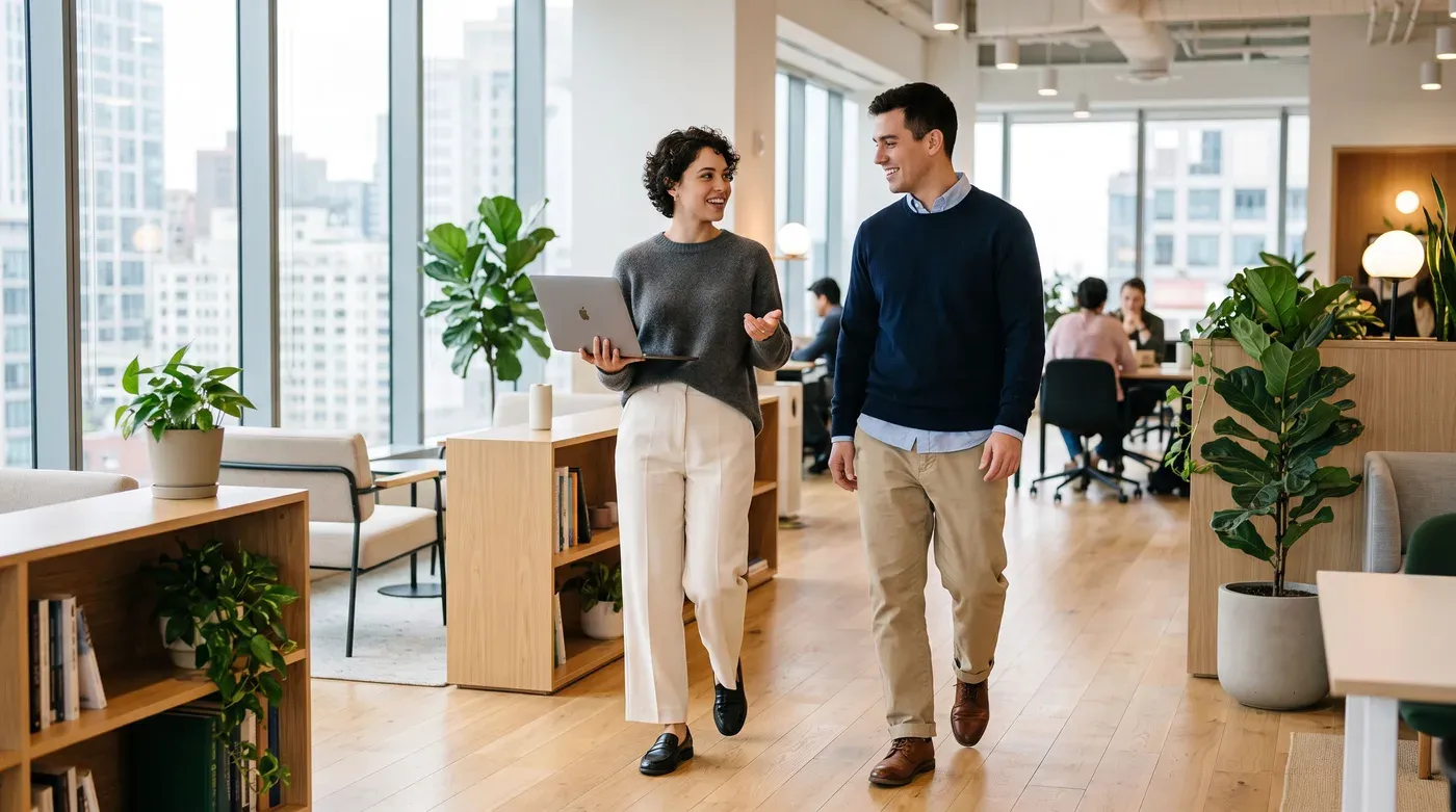 Two colleagues walking through a bright office, one in a grey knit sweater and cream wide-leg trousers, the other in a light blue oxford shirt, navy sweater and khaki chinos