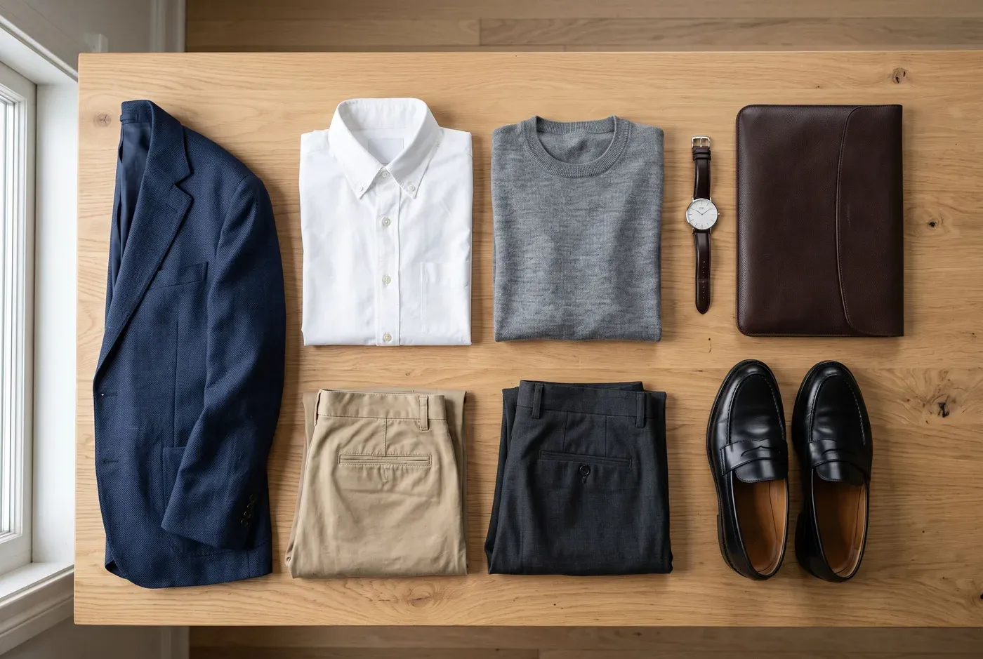 Flat lay sobre un escritorio de roble claro con blazer azul marino, camisa blanca, jersey gris, chinos caqui, pantalón de vestir oscuro, mocasines negros, funda de portátil de piel y un reloj