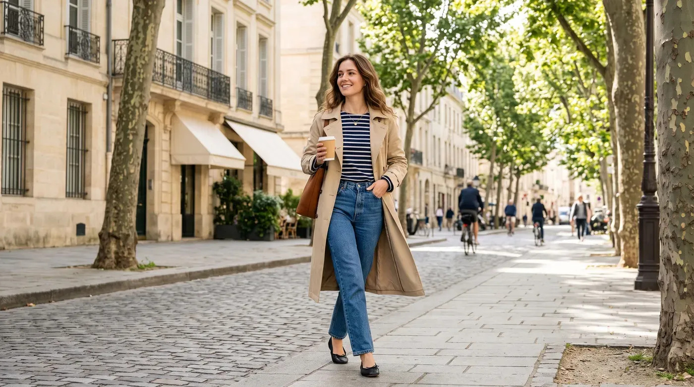 Woman on a sunny tree-lined street in a navy and white striped top, straight blue jeans, a beige trench coat and black ballet flats, holding a coffee