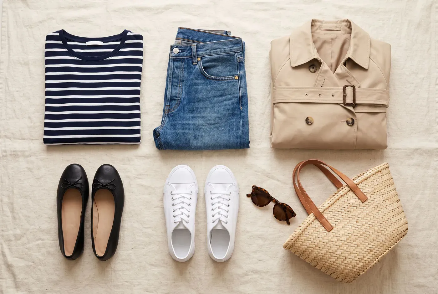 Flat lay of a Breton striped top, straight jeans, beige trench coat, black flats, white sneakers and a straw bag
