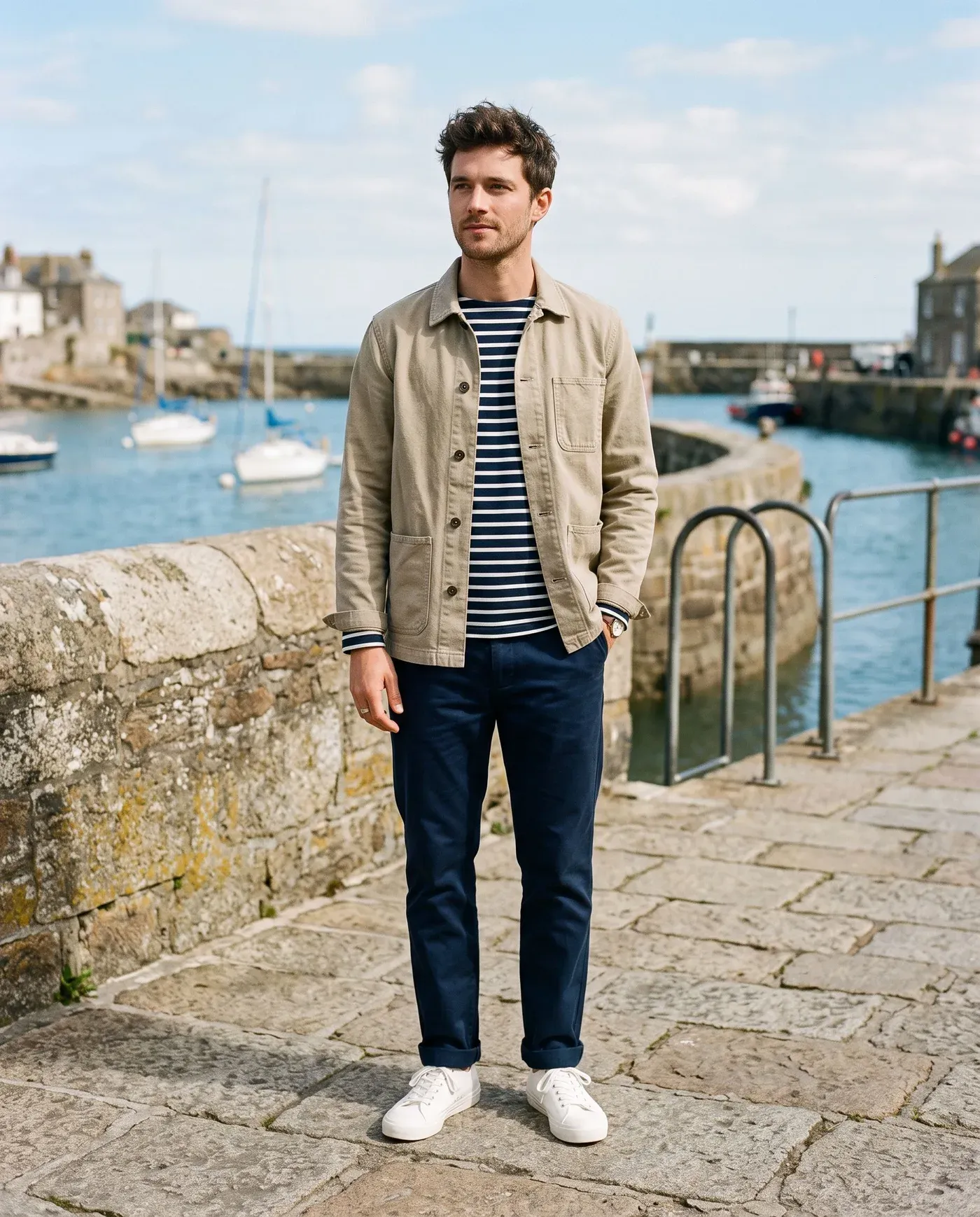 Man in a navy and white striped long-sleeve T-shirt under an open stone-colored chore jacket, dark navy chinos and white canvas sneakers by a harbour wall