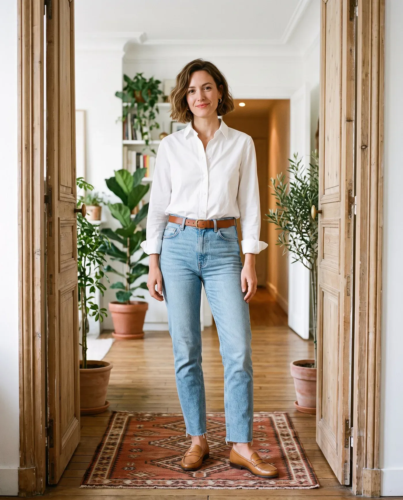 Woman with a short wavy bob in a crisp white button-up shirt tucked into light-wash straight jeans with a brown belt, tan loafers and small gold hoops