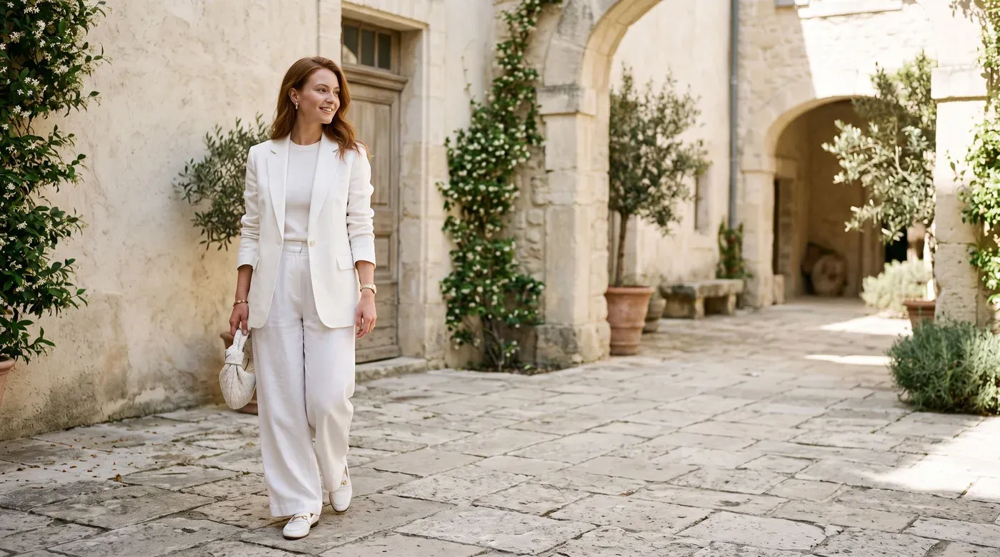Woman in a soft white blazer, knit top and wide-leg trousers in a sunlit limestone courtyard