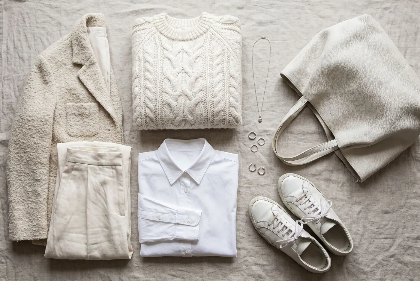 Flat lay de prendas blancas y blanco roto: jersey de ochos, camisa de algodón, pantalón crema, chaqueta de bouclé, zapatillas blancas y un tote blanco