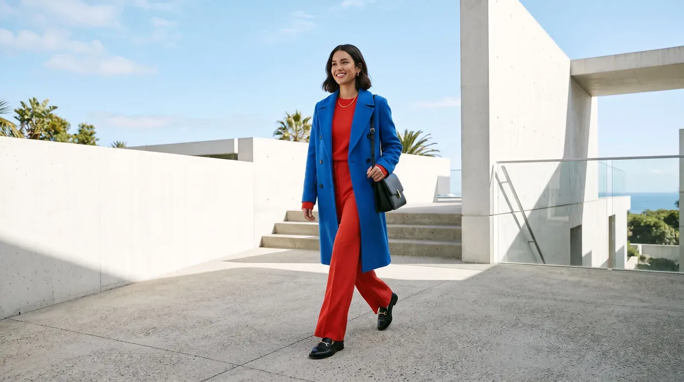 Woman in a cobalt blue coat over a tomato red sweater and trousers walking past white modernist architecture