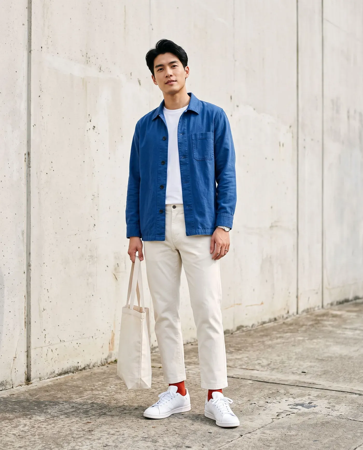 Rapaz de camisa-jaqueta azul cobalto, camiseta branca, calça cru, meias vermelhas e tênis branco segurando uma ecobag