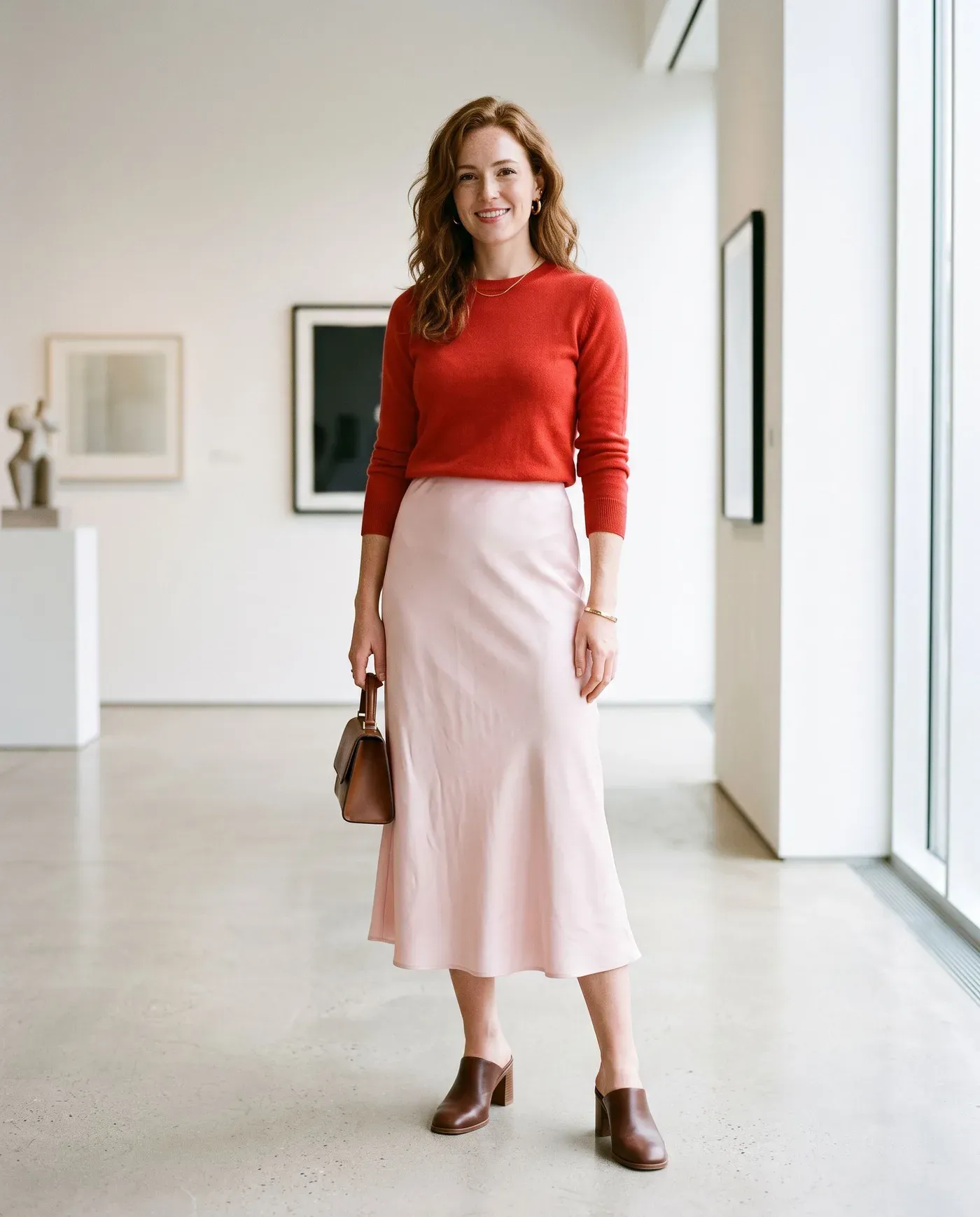 Mulher de suéter de tricô vermelho-tomate e saia midi de cetim rosa-claro com mules marrons em uma galeria branca