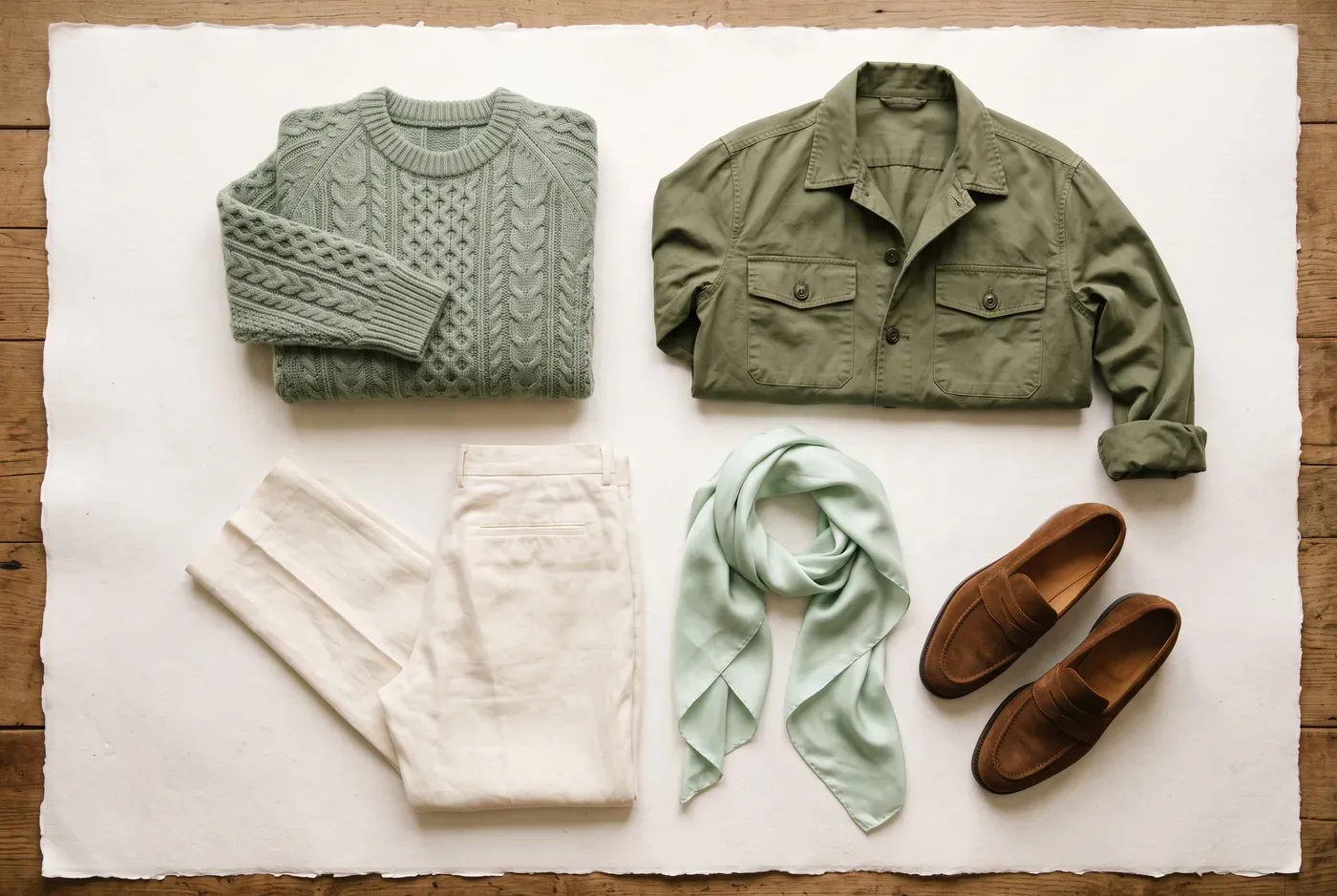Flat lay of a sage green knit, olive overshirt, pale mint silk scarf, cream trousers and brown suede loafers