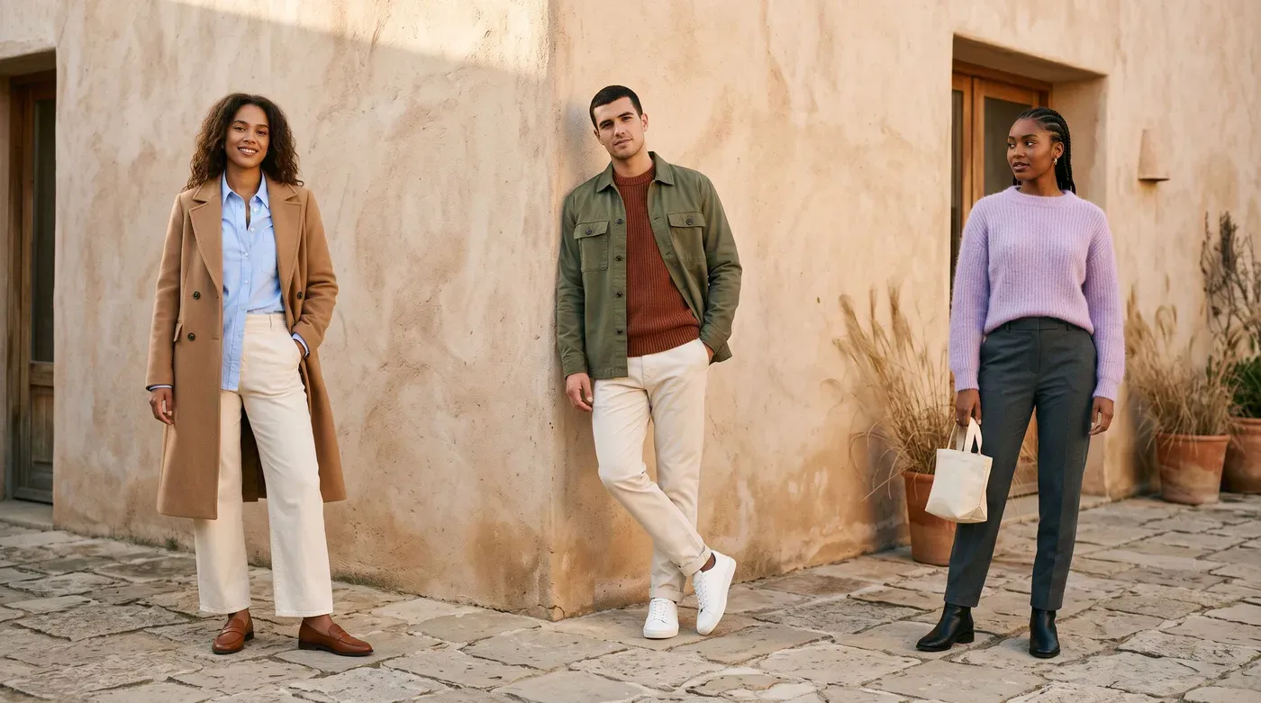Three people against a warm plaster wall in two-color outfits: camel and light blue, olive and rust, and lilac and grey
