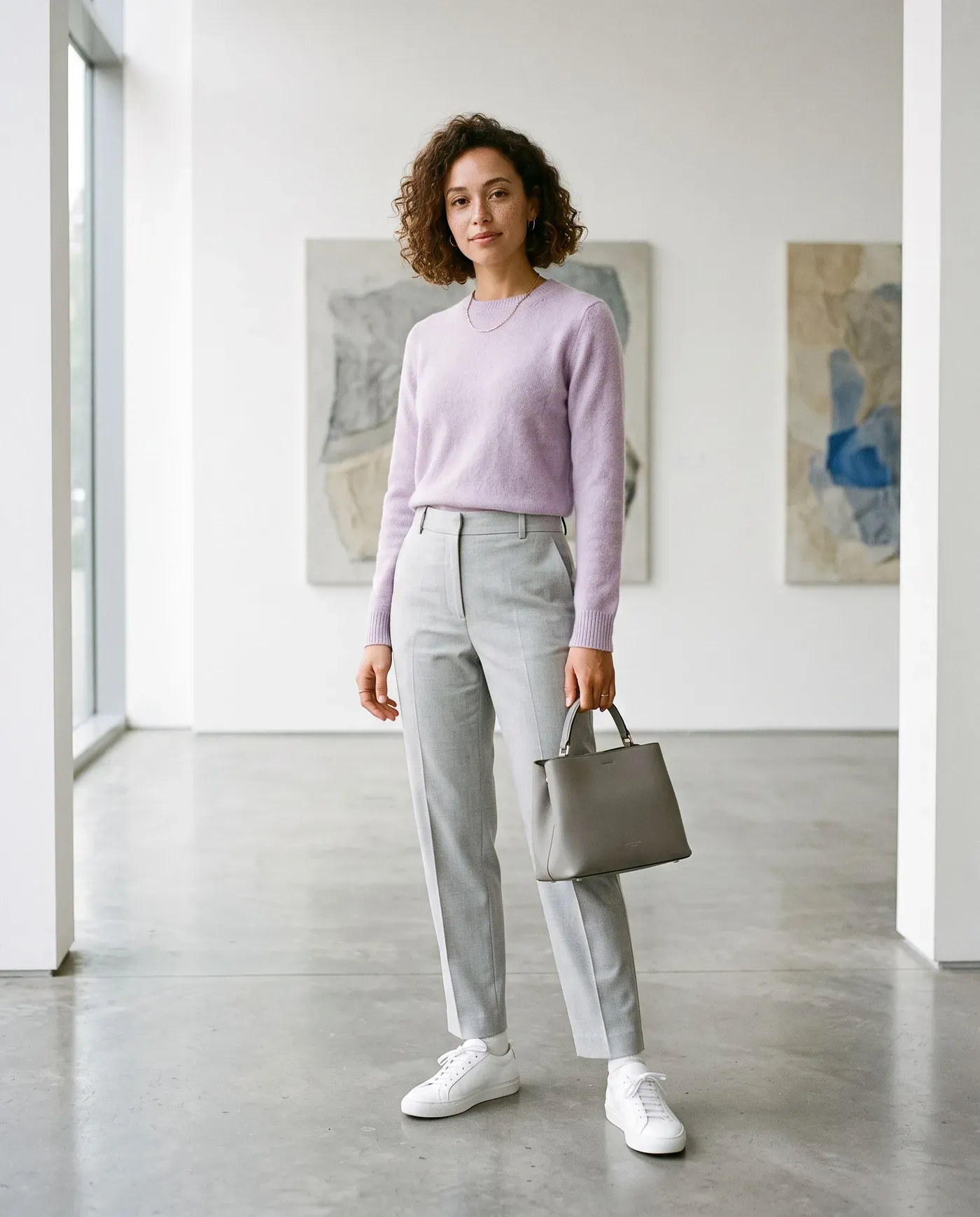 Woman in a soft lilac knit sweater, pale grey tailored trousers and white leather sneakers in a white gallery