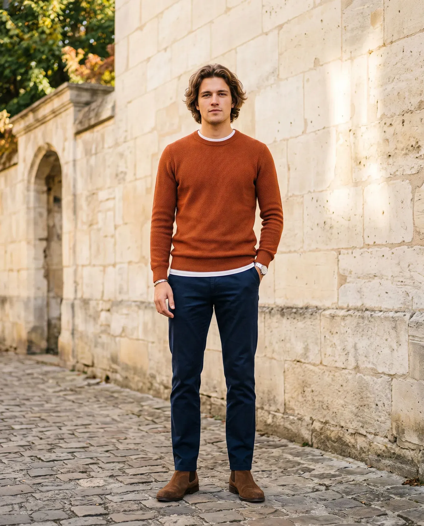 Man in a rust orange crewneck sweater over a white T-shirt with navy trousers and brown suede boots