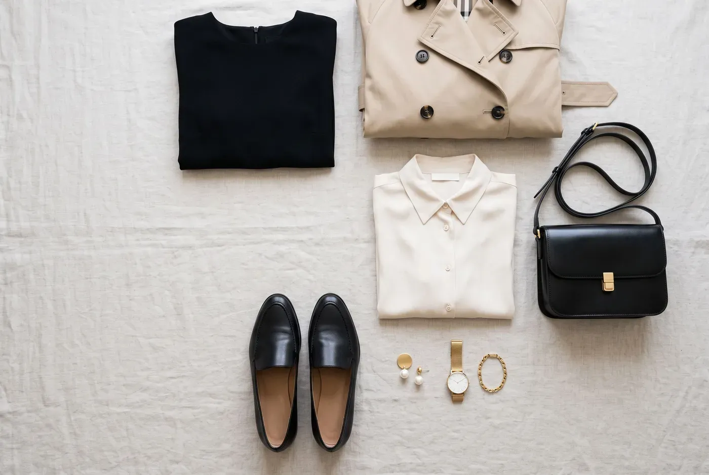 Flat lay of a folded black dress, beige trench coat, cream silk blouse, black loafers, structured black bag, pearl earrings and a gold watch