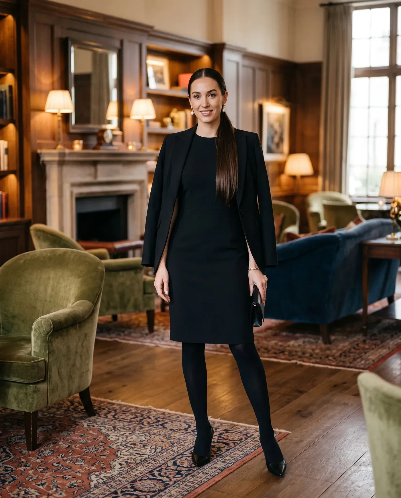 Woman in a knee-length black dress with a black blazer over her shoulders, black tights, pointed pumps and pearl earrings in a hotel lounge
