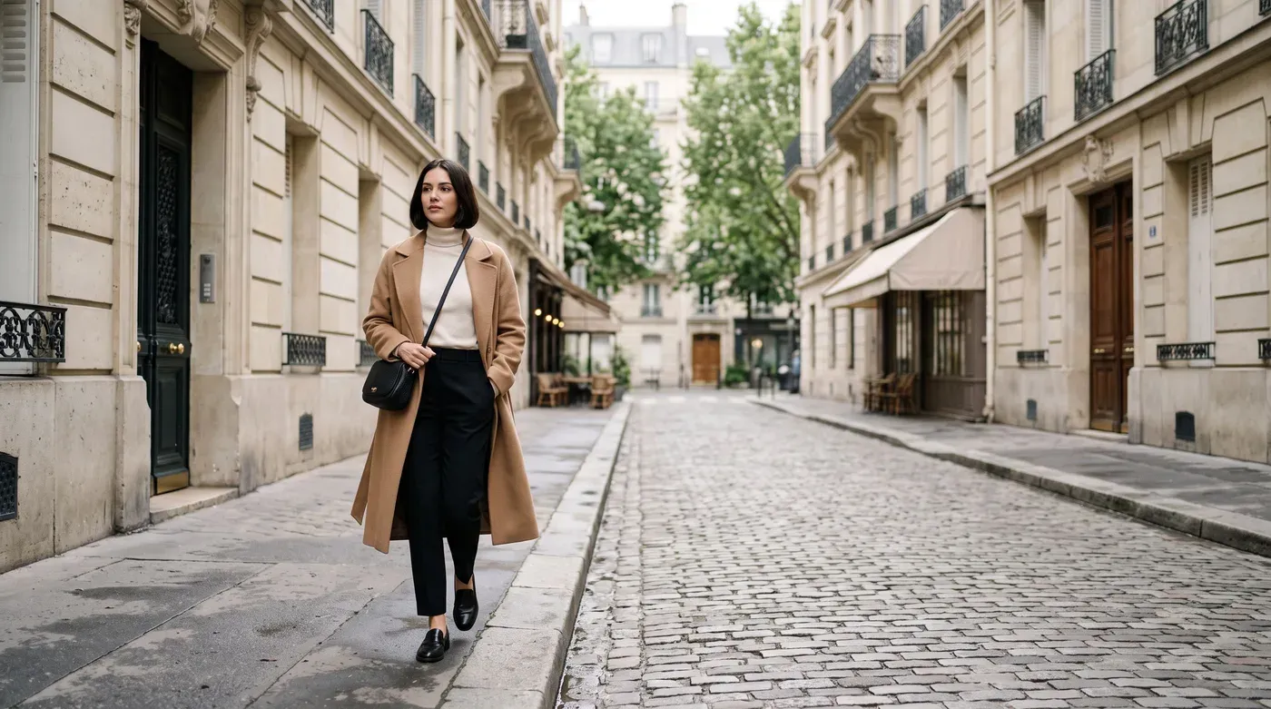 Woman with a dark bob in a long camel coat, cream turtleneck, black wide trousers and loafers walking down a limestone street