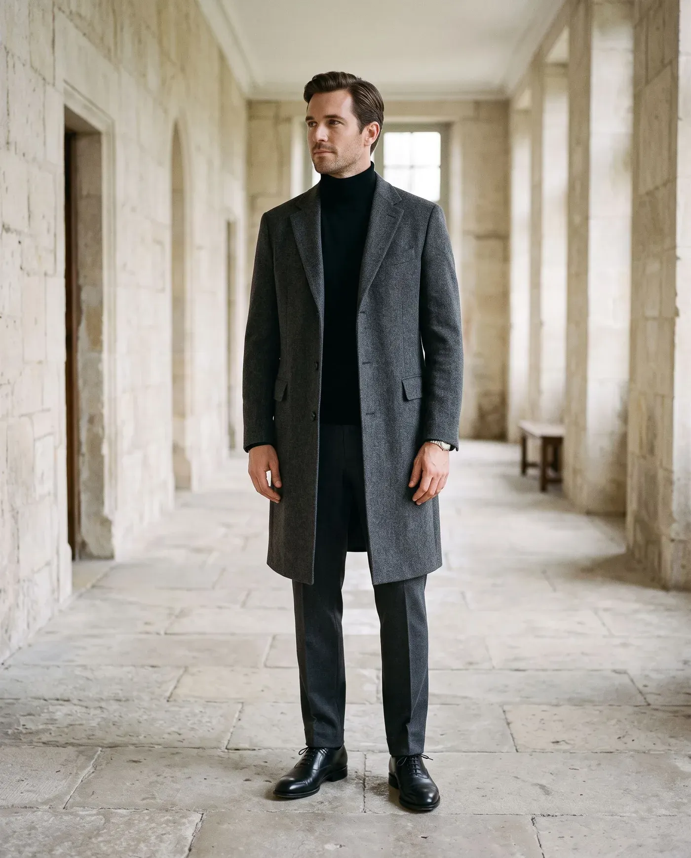 Man in a charcoal wool overcoat, black rollneck, charcoal trousers and polished black shoes in a stone hallway