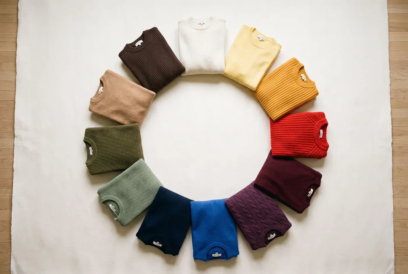 Knitted sweaters arranged in a circle to form a color wheel from cream and yellow through red, blue and green