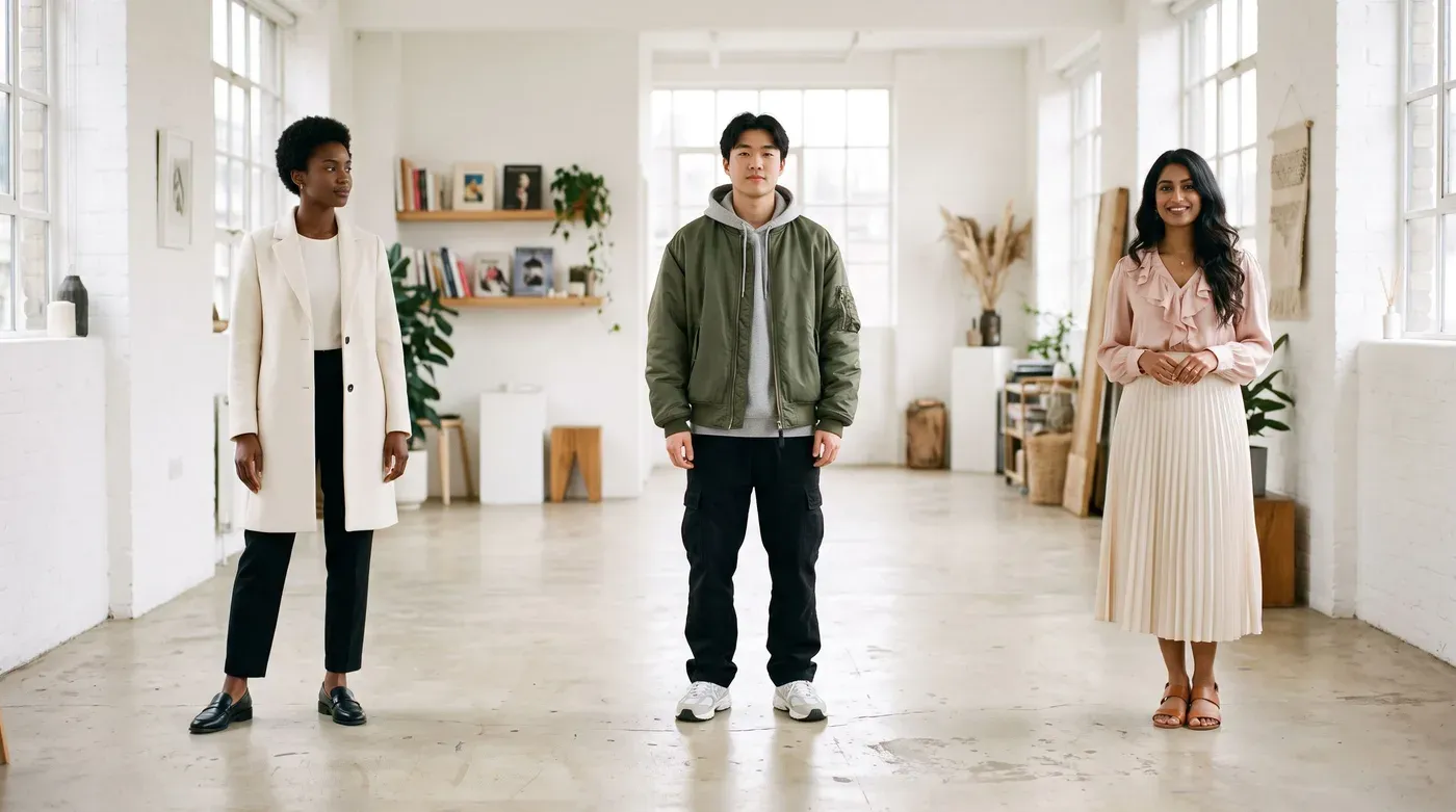 Three young adults in a sunlit studio wearing minimal, streetwear and romantic outfits