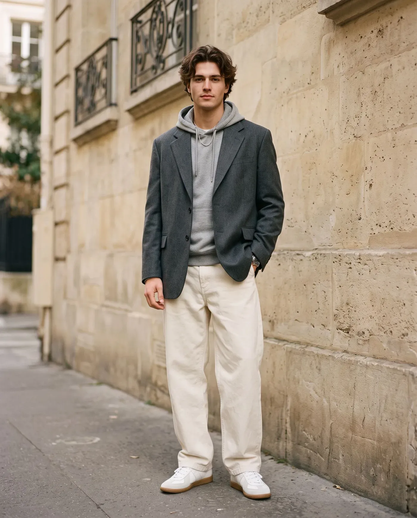Man in a grey blazer, grey hoodie and cream trousers photographed against a stone wall