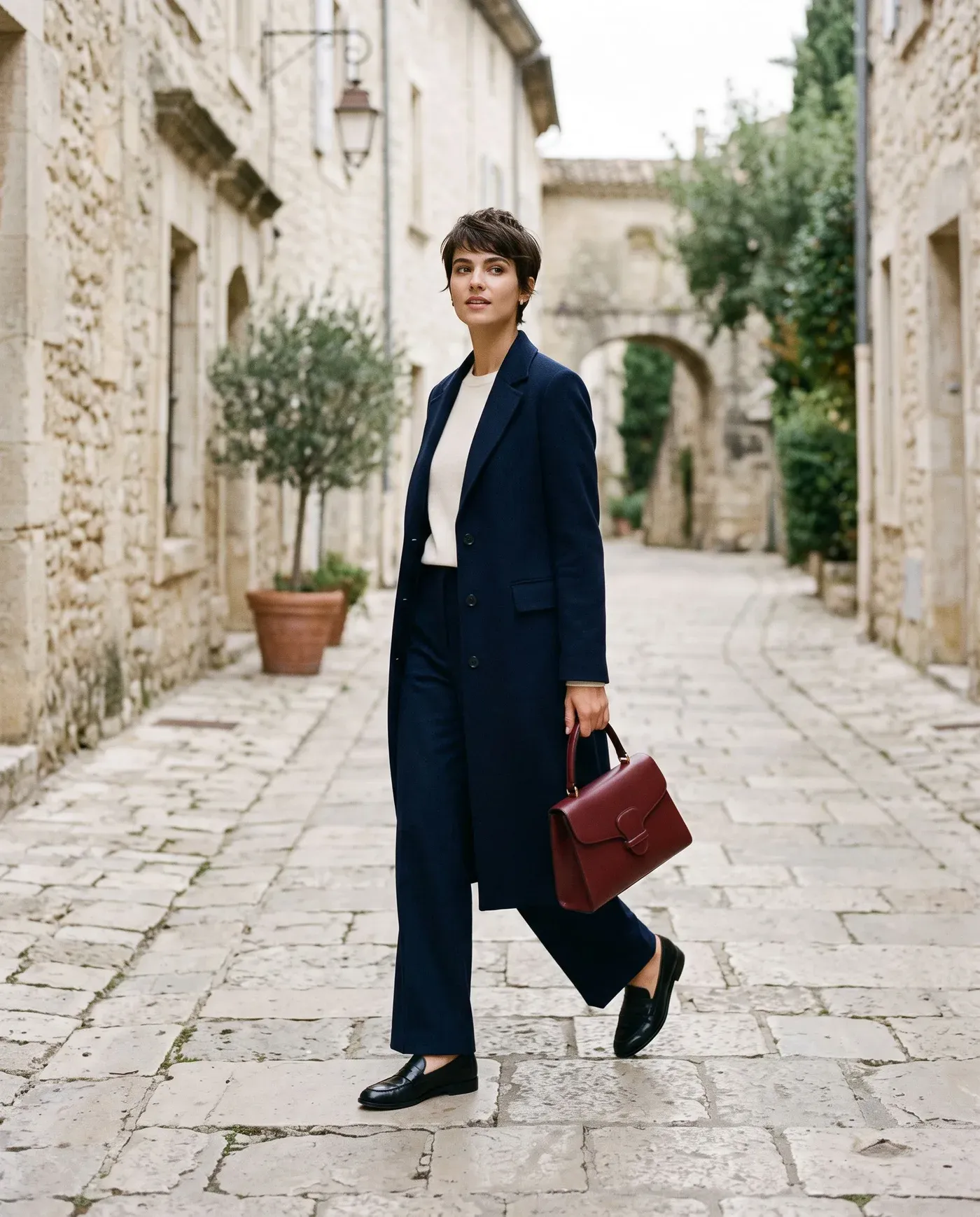 Woman in a navy coat and trousers with a white top carrying a burgundy bag through a stone street