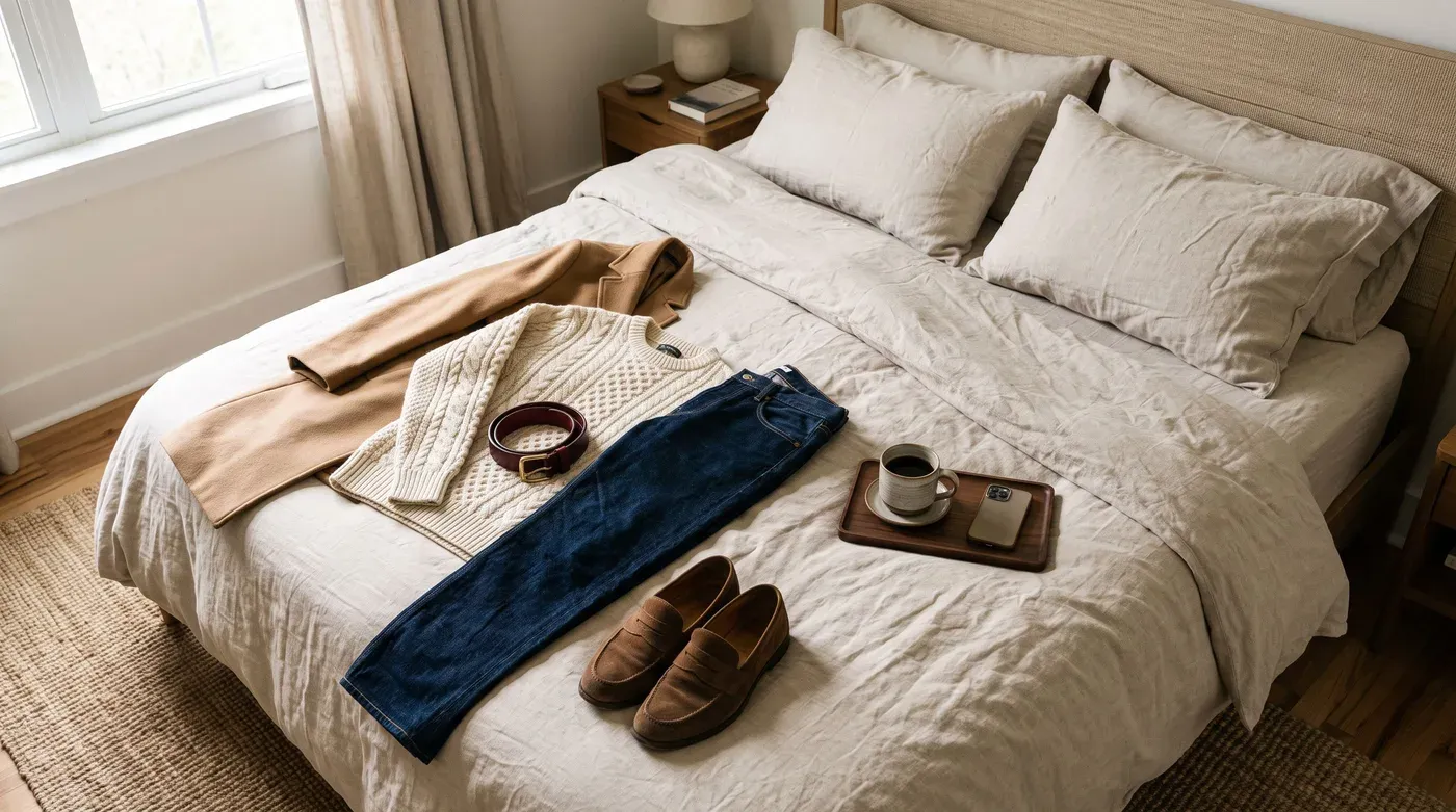 Outfit laid out on a linen bed with a cream cable knit, dark jeans, camel coat, burgundy belt and brown suede loafers beside a coffee cup