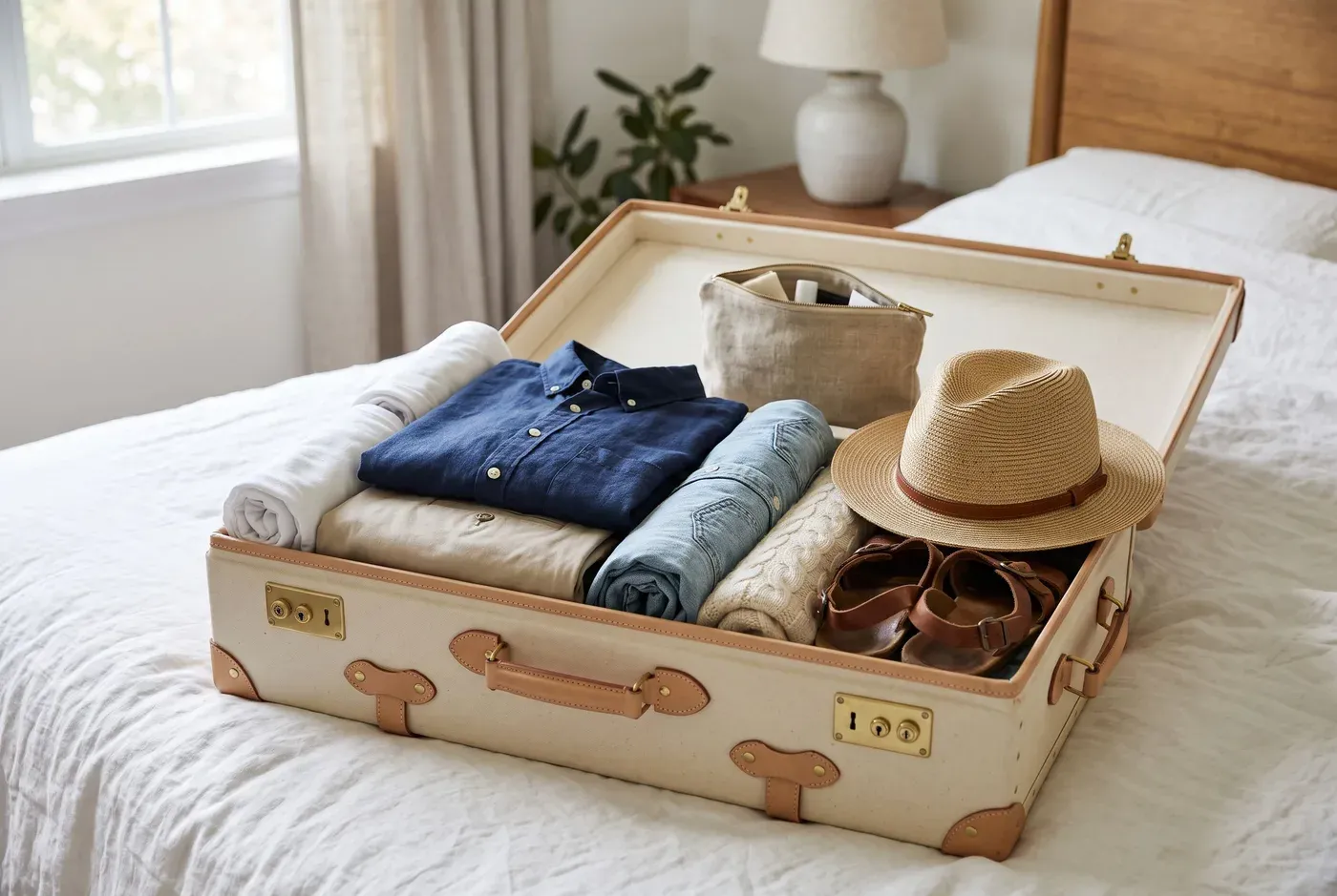 Open vintage suitcase on a bed packed with folded shirts, knitwear, a straw hat and loafers