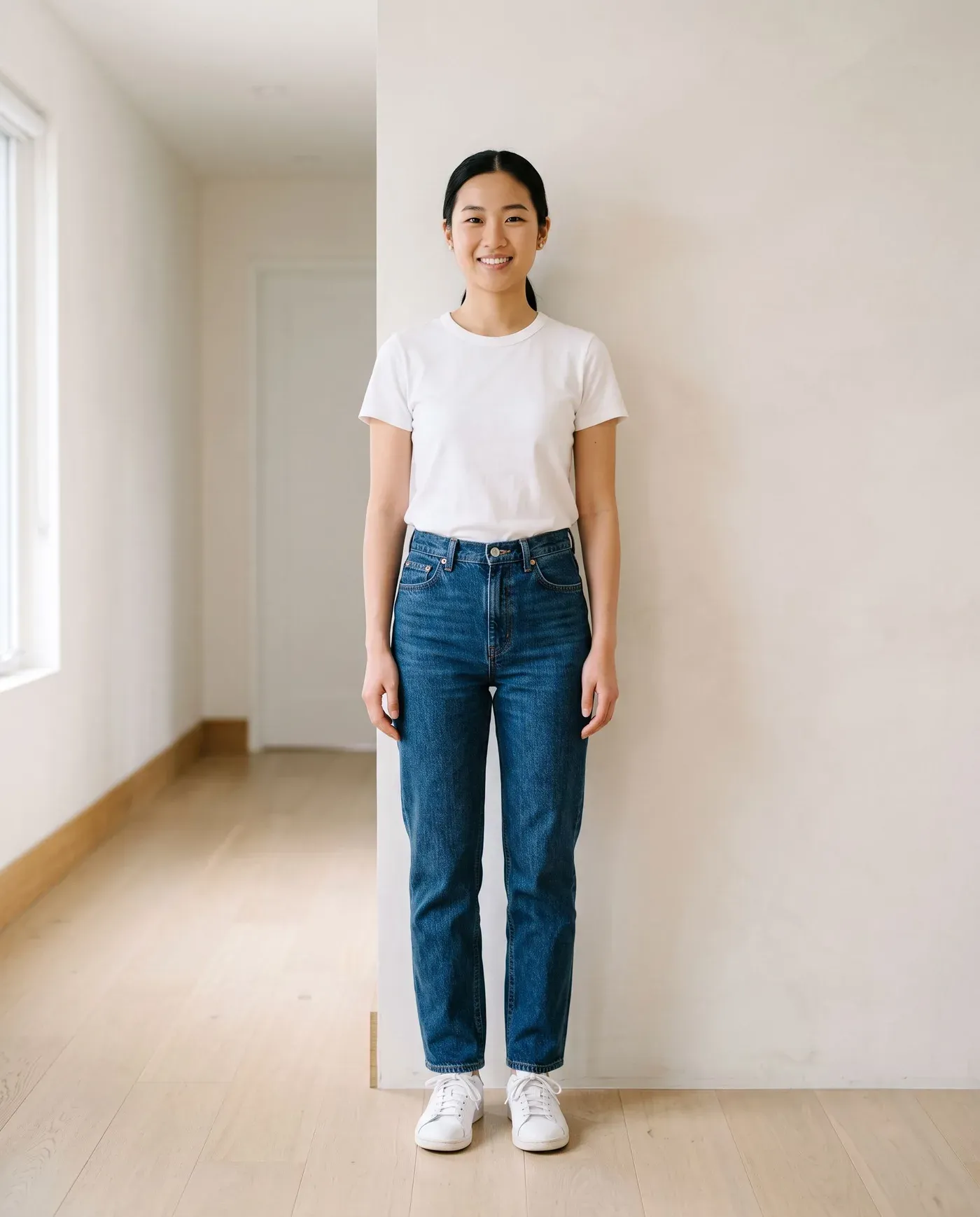 Woman in a white T-shirt and straight jeans standing against a plain white wall for a full-length photo