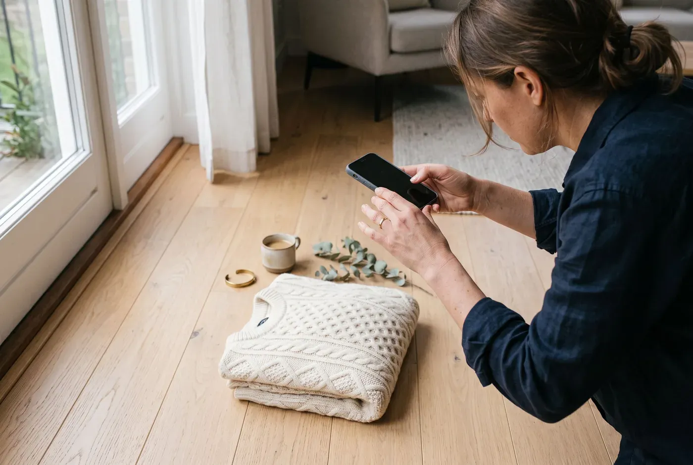 Woman photographing a cream cable knit laid flat on a wooden floor with her phone