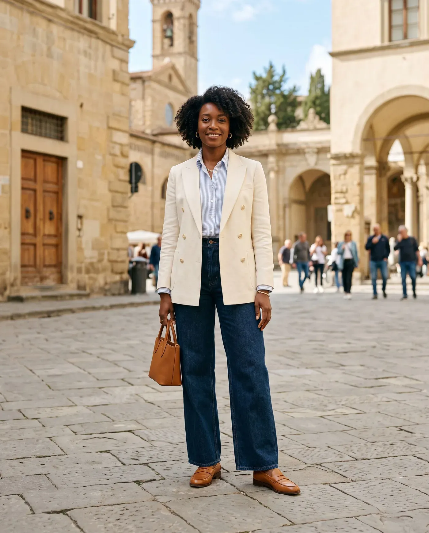 Vrouw in een crèmekleurige double-breasted blazer over een lichtblauw gestreept overhemd met een donkere wijde jeans en cognackleurige loafers
