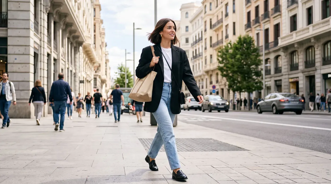 Woman in an oversized black blazer, white T-shirt, light-wash straight jeans and black loafers walking down a bright city street
