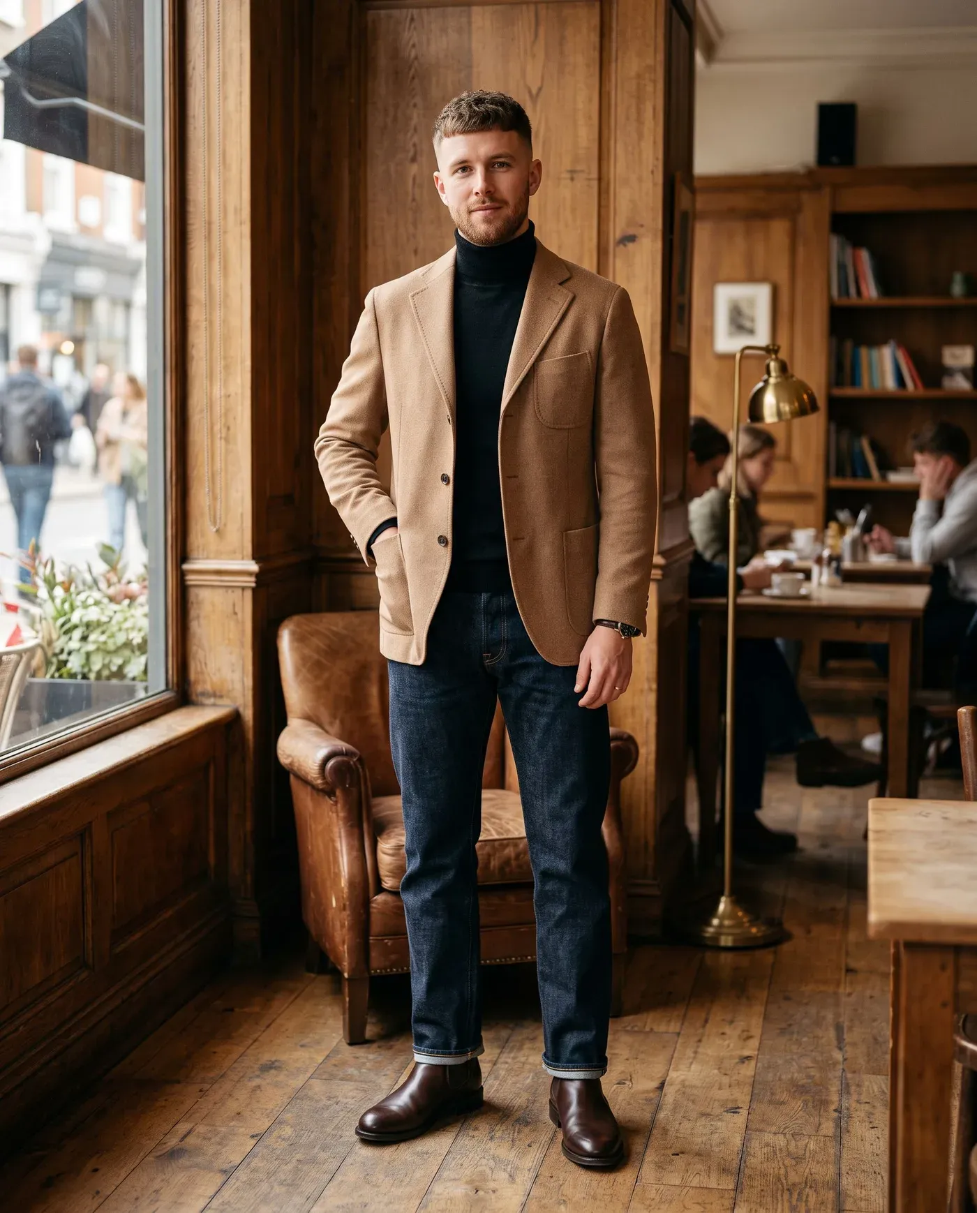 Man in een camel blazer over een zwarte coltrui met een donkere rechte jeans en donkerbruine chelsea boots in een café met houten lambrisering