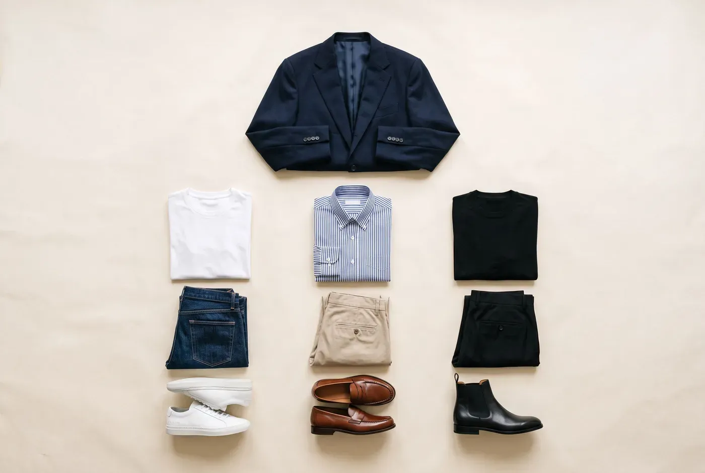 Flatlay van een donkerblauwe blazer op drie manieren gestyled: met wit T-shirt, jeans en sneakers; met gestreept overhemd, chino en loafers; en met zwarte trui, zwarte broek en enkellaarsjes