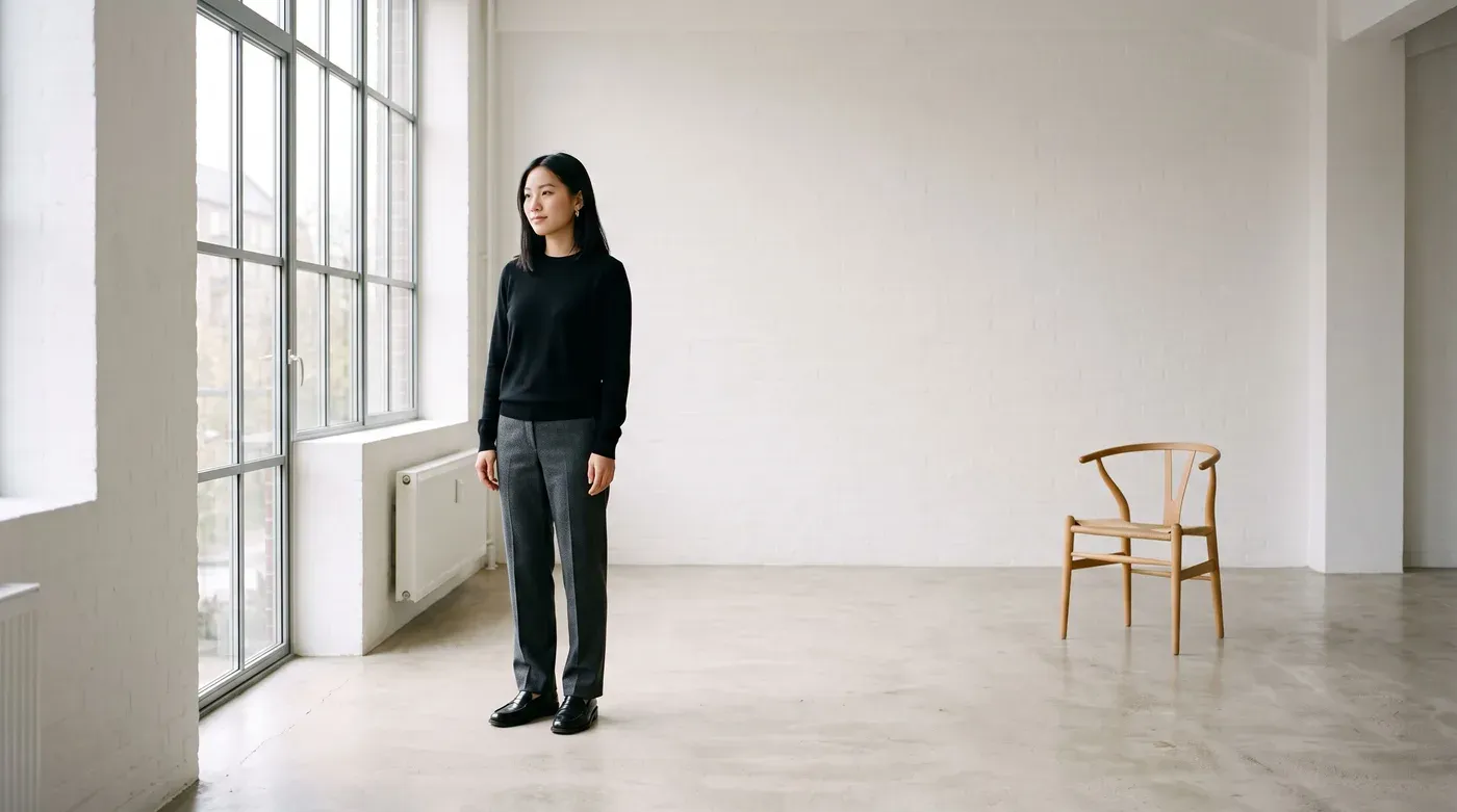 Woman in a black crewneck sweater, charcoal wool trousers and black loafers standing by a tall window in a bright, minimal white room