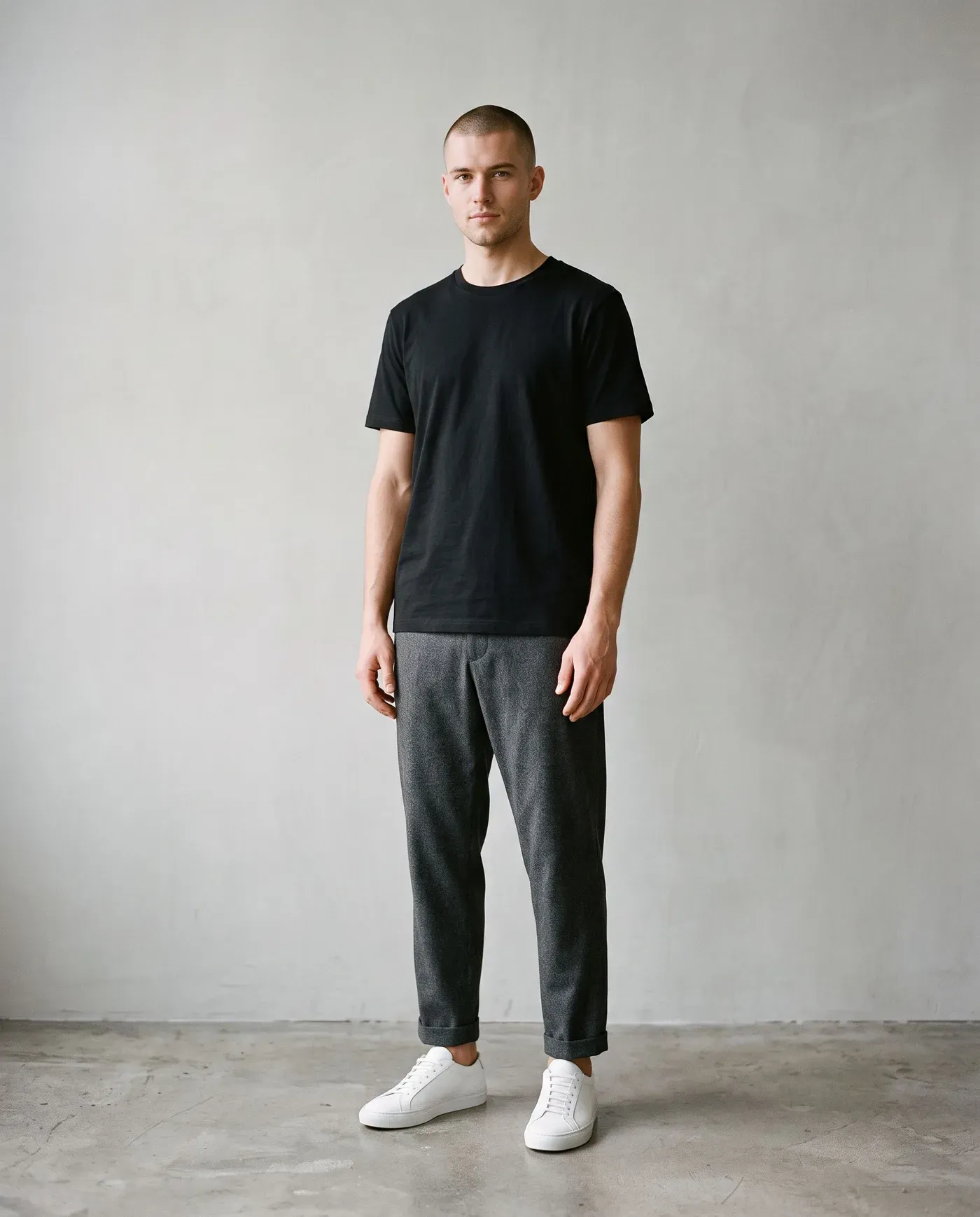 Man with a buzz cut in a plain black T-shirt, relaxed grey wool trousers and white leather sneakers against a pale grey wall