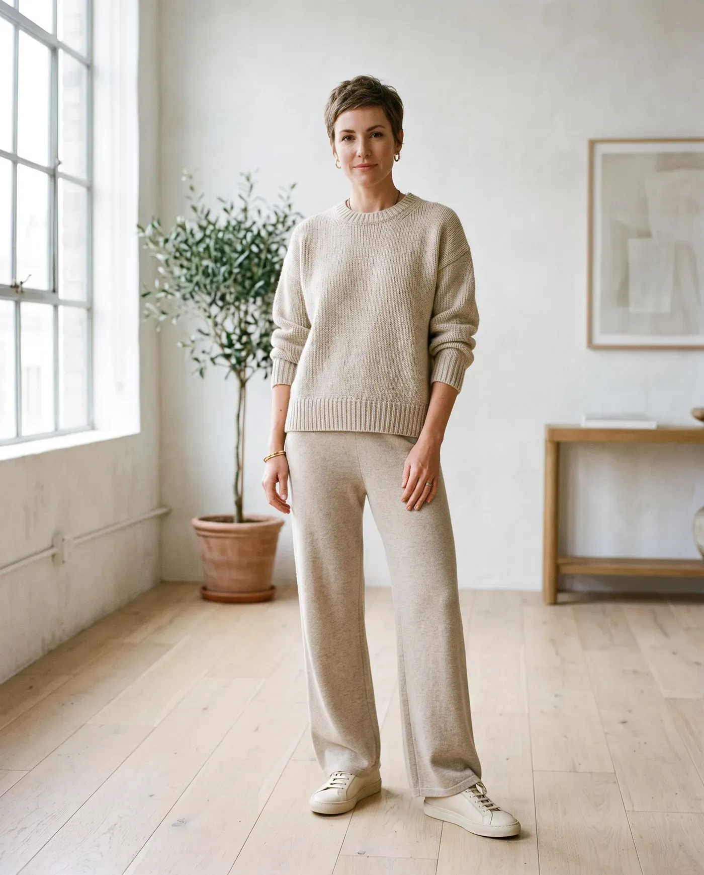 Woman with a pixie haircut in a relaxed oatmeal knit sweater, matching wide-leg knit trousers and cream sneakers in a sunlit apartment