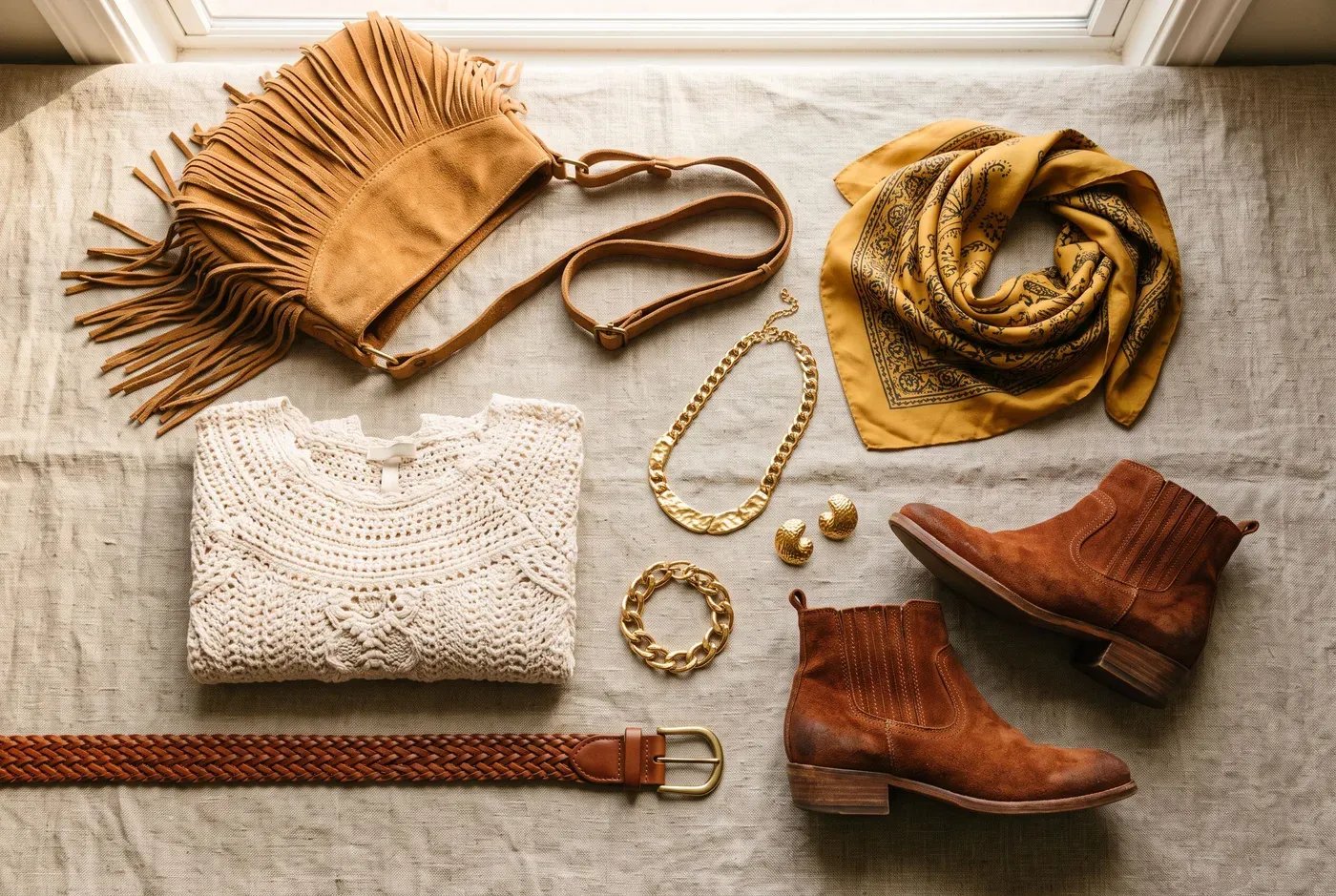 Flatlay mit hellbrauner Wildleder-Fransentasche, senfgelbem Seidentuch, grobem Goldschmuck, geflochtenem Ledergürtel, rostfarbenen Wildlederstiefeln und cremefarbenem Häkeltop