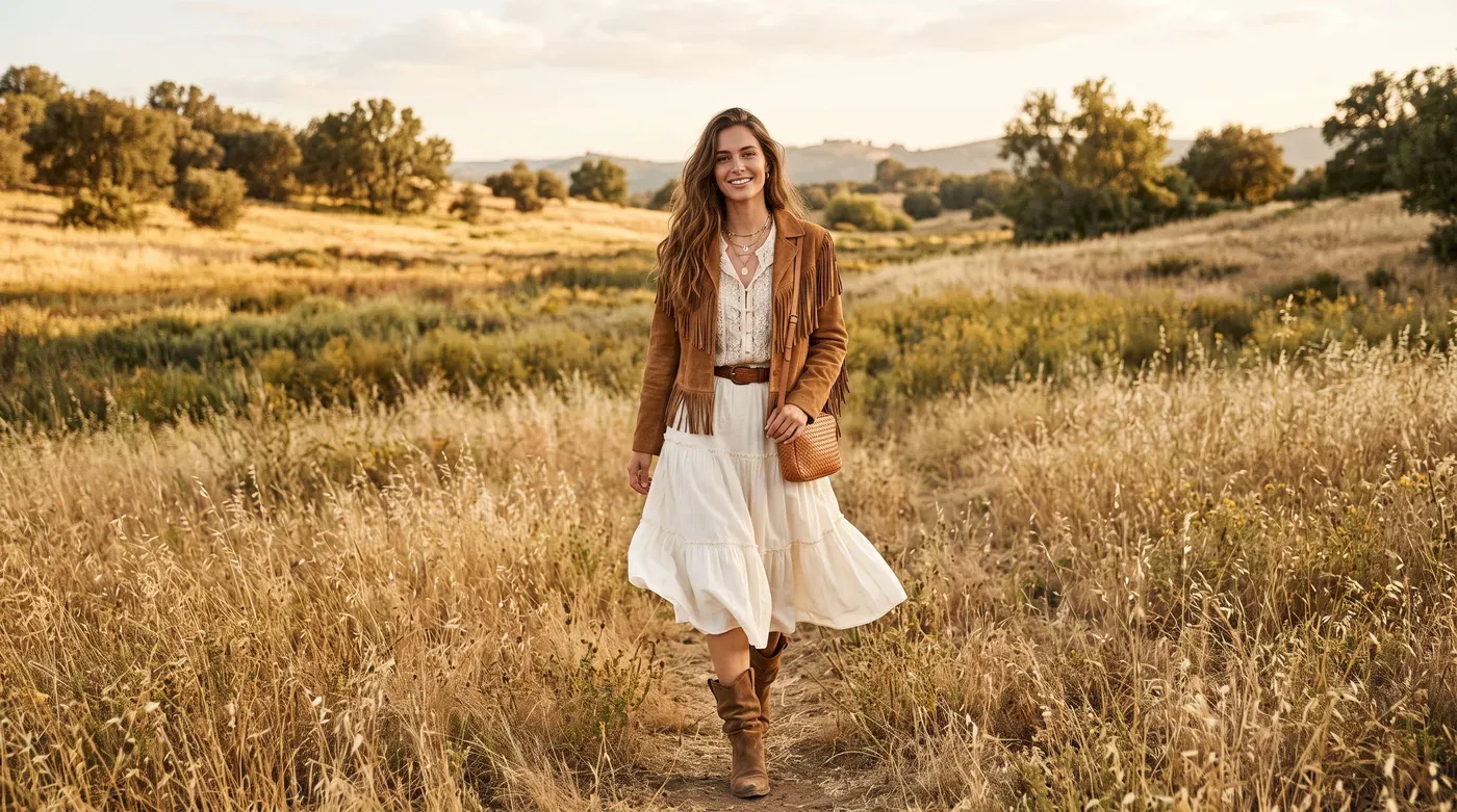 Woman in a tan suede fringe jacket, cream lace blouse, tiered ivory skirt and brown suede boots in a golden meadow