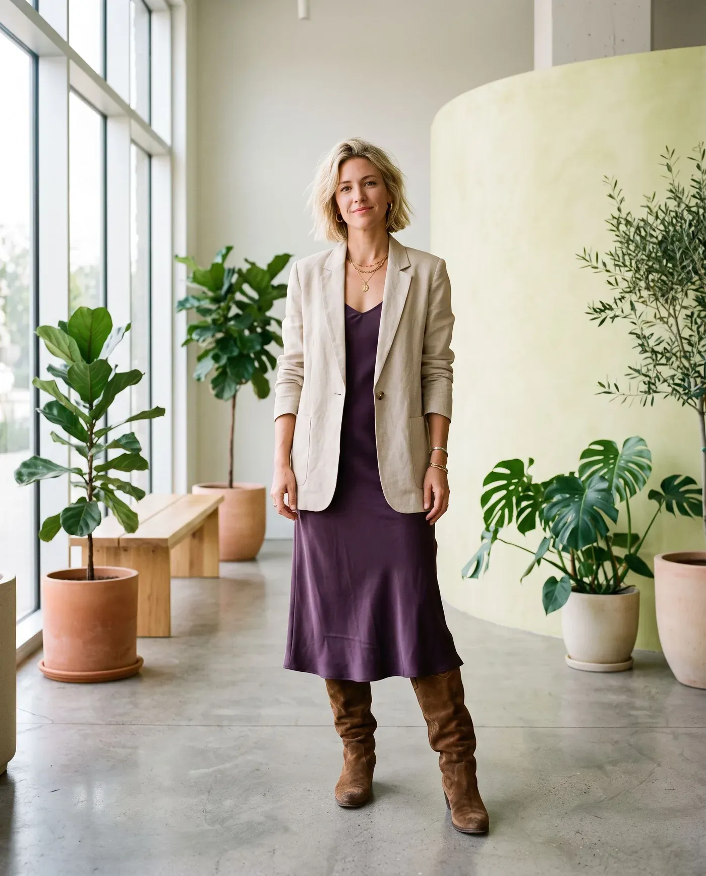 Frau in sandfarbenem Leinenblazer über einem Slipdress in tiefem Aubergine mit braunen kniehohen Wildlederstiefeln in einer hellen Lobby