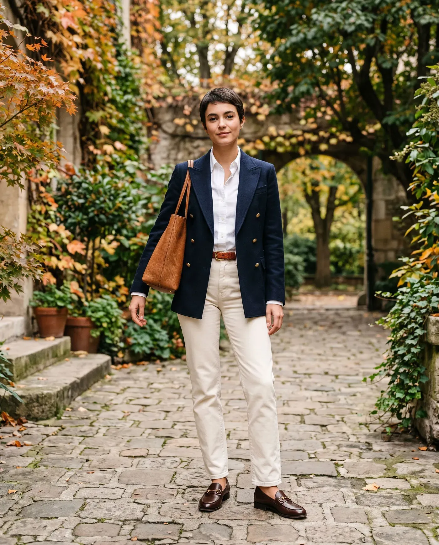 Woman in a navy double-breasted blazer, white shirt and cream trousers with loafers and a tan bag in a leafy courtyard