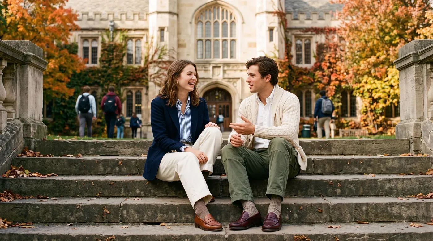Young woman in a navy blazer and cream trousers and young man in a cream cardigan and army green trousers sitting on stone steps in autumn